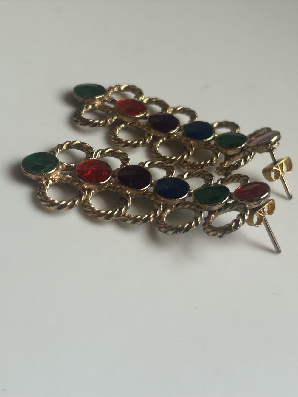 Vintage 80s Multicolor Cabochon Gold Drop Dangle Statement Earrings Runway - Picture 9 of 12